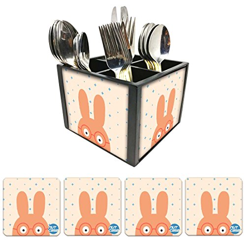 Nutcase Designer Flatware Cutlery Stand Holder Silverware Caddy-Spoons Forks Knives Organizer With Matching Metal Coasters - Curious Bunny