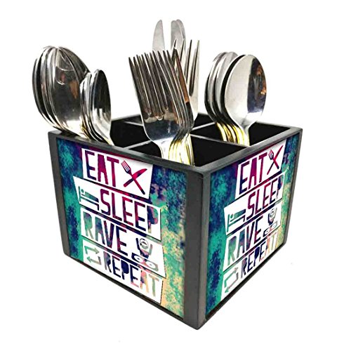 Nutcase Designer Cutlery Stand Holder Silverware Caddy-Spoons Forks Knives Organizer for Dining Table & kitchen W-5.75"x H -4.25"x L-5.5" - Eat Sleep Rave Repeat Signs