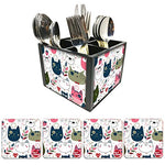 Nutcase Designer Flatware Cutlery Stand Holder Silverware Caddy-Spoons Forks Knives Organizer With Matching Metal Coasters - Cute Cats