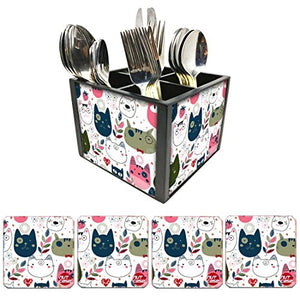 Nutcase Designer Flatware Cutlery Stand Holder Silverware Caddy-Spoons Forks Knives Organizer With Matching Metal Coasters - Cute Cats