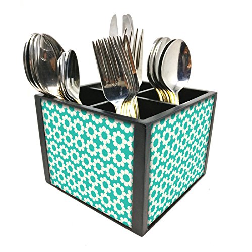Nutcase Designer Cutlery Stand Holder Silverware Caddy-Spoons Forks Knives Organizer for Dining Table & kitchen W-5.75"x H -4.25"x L-5.5" - Blue Flowers Design