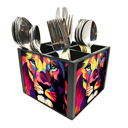 Nutcase Designer Cutlery Stand Holder Silverware Caddy-Spoons Forks Knives Organizer for Dining Table & kitchen -W-5.75"x H -4.25"x L-5.5"-SPOONS NOT INCLUDED - Colorful Lion Attitude