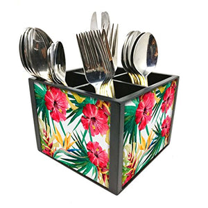 Nutcase Designer Cutlery Stand Holder Silverware Caddy-Spoons Forks Knives Organizer for Dining Table & kitchen W-5.75"x H -4.25"x L-5.5" - Hibiscus Leaves