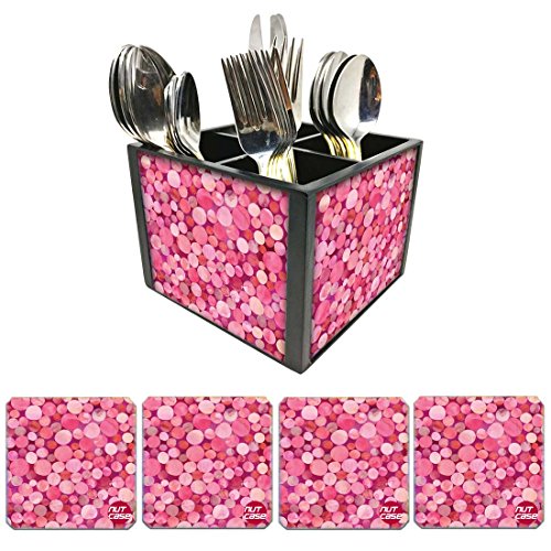 Nutcase Designer Flatware Cutlery Stand Holder Silverware Caddy-Spoons Forks Knives Organizer With Matching Metal Coasters - Pink Marble Dots