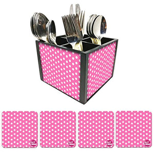 Nutcase Designer Flatware Cutlery Stand Holder Silverware Caddy-Spoons Forks Knives Organizer With Matching Metal Coasters - Pink Dots