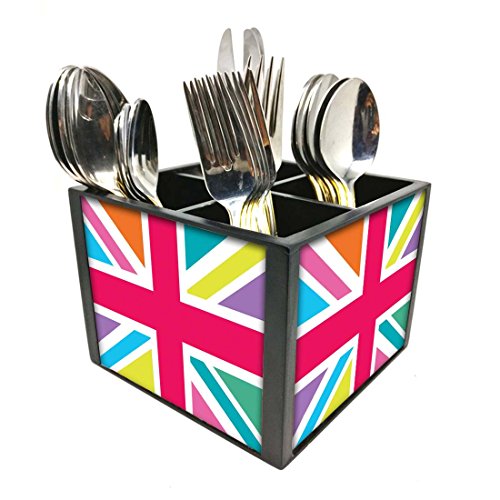 Nutcase Designer Cutlery Stand Holder Silverware Caddy-Spoons Forks Knives Organizer for Dining Table & kitchen -W-5.75"x H -4.25"x L-5.5"-SPOONS NOT INCLUDED - Multicolor Union Jack British Flag