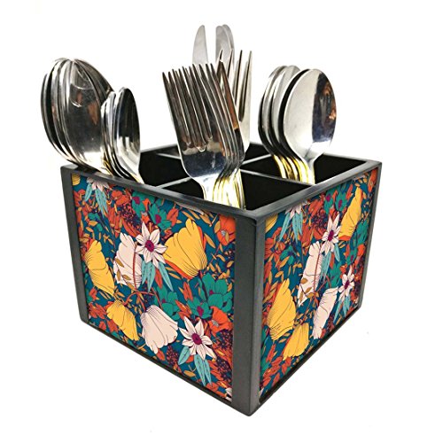 Nutcase Designer Cutlery Stand Holder Silverware Caddy-Spoons Forks Knives Organizer for Dining Table & kitchen W-5.75"x H -4.25"x L-5.5" - Rust Flowers