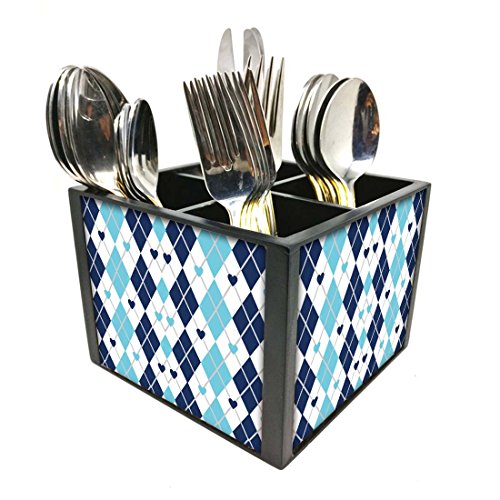 Nutcase Designer Cutlery Stand Holder Silverware Caddy-Spoons Forks Knives Organizer for Dining Table & kitchen -W-5.75"x H -4.25"x L-5.5"-SPOONS NOT INCLUDED - Blue Plaids