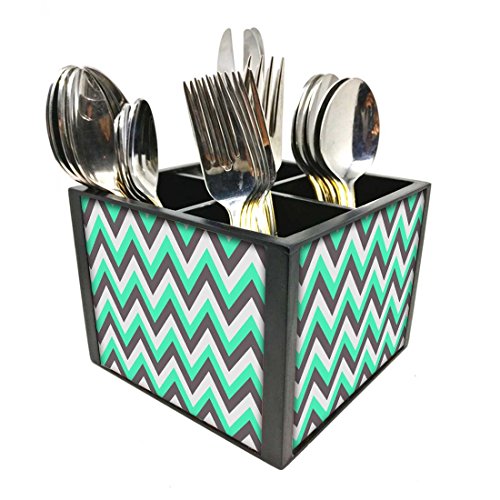 Nutcase Designer Cutlery Stand Holder Silverware Caddy-Spoons Forks Knives Organizer for Dining Table & kitchen -W-5.75"x H -4.25"x L-5.5"-SPOONS NOT INCLUDED - Mint And Gray Chevron