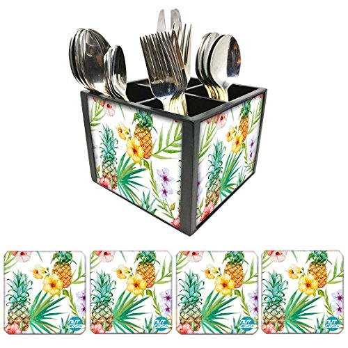 Nutcase Designer Flatware Cutlery Stand Holder Silverware Caddy-Spoons Forks Knives Organizer With Matching Metal Coasters - Pineapple Leaves