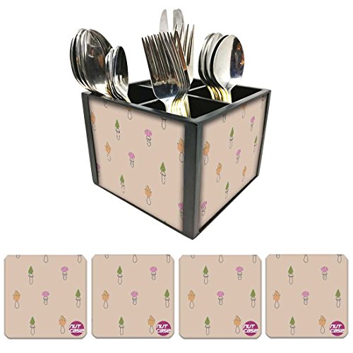 Nutcase Designer Flatware Cutlery Stand Holder Silverware Caddy-Spoons Forks Knives Organizer With Matching Metal Coasters - Baby Lit Pots