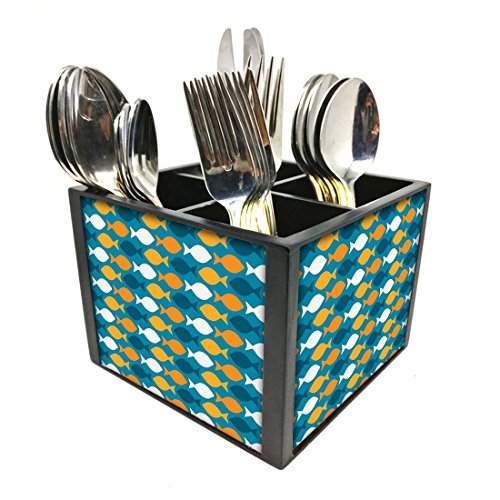 Nutcase Designer Cutlery Stand Holder Silverware Caddy-Spoons Forks Knives Organizer for Dining Table & kitchen W-5.75"x H -4.25"x L-5.5" - Fish Everywhere