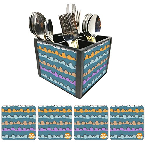 Nutcase Designer Flatware Cutlery Stand Holder Silverware Caddy-Spoons Forks Knives Organizer With Matching Metal Coasters - Clouds of Color