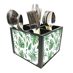 Nutcase Designer Cutlery Stand Holder Silverware Caddy-Spoons Forks Knives Organizer for Dining Table & kitchen W-5.75"x H -4.25"x L-5.5" - Tropical leaves