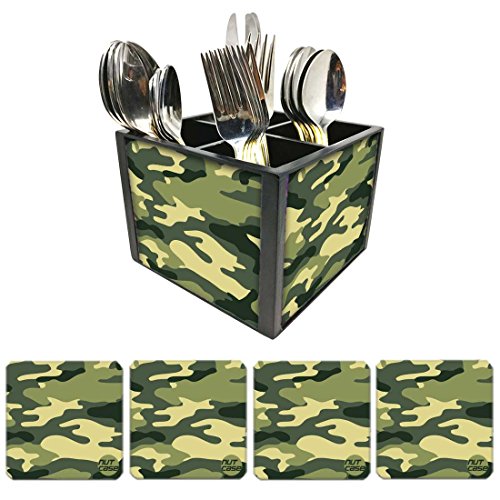 Nutcase Designer Flatware Cutlery Stand Holder Silverware Caddy-Spoons Forks Knives Organizer With Matching Metal Coasters - Army Camo
