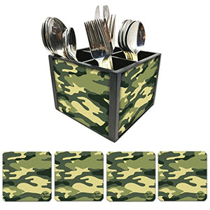 Nutcase Designer Flatware Cutlery Stand Holder Silverware Caddy-Spoons Forks Knives Organizer With Matching Metal Coasters - Army Camo