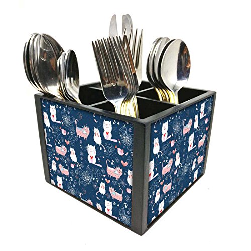 Nutcase Designer Cutlery Stand Holder Silverware Caddy-Spoons Forks Knives Organizer for Dining Table & kitchen -W-5.75"x H -4.25"x L-5.5"-SPOONS NOT INCLUDED - Blue Cats