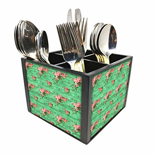 Nutcase Designer Cutlery Stand Holder Silverware Caddy-Spoons Forks Knives Organizer for Dining Table & kitchen -W-5.75"x H -4.25"x L-5.5"-SPOONS NOT INCLUDED - Vintage Shabby Flowers