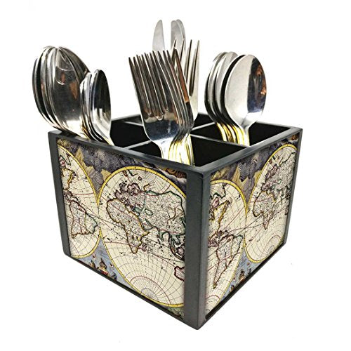 Nutcase Designer Cutlery Stand Holder Silverware Caddy-Spoons Forks Knives Organizer for Dining Table & kitchen -W-5.75"x H -4.25"x L-5.5"-SPOONS NOT INCLUDED - Old Vintage Maps Of The Globe