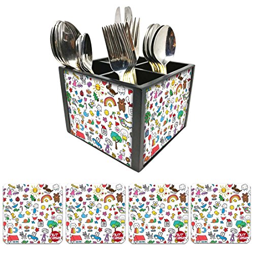 Nutcase Designer Flatware Cutlery Stand Holder Silverware Caddy-Spoons Forks Knives Organizer With Matching Metal Coasters - Toys