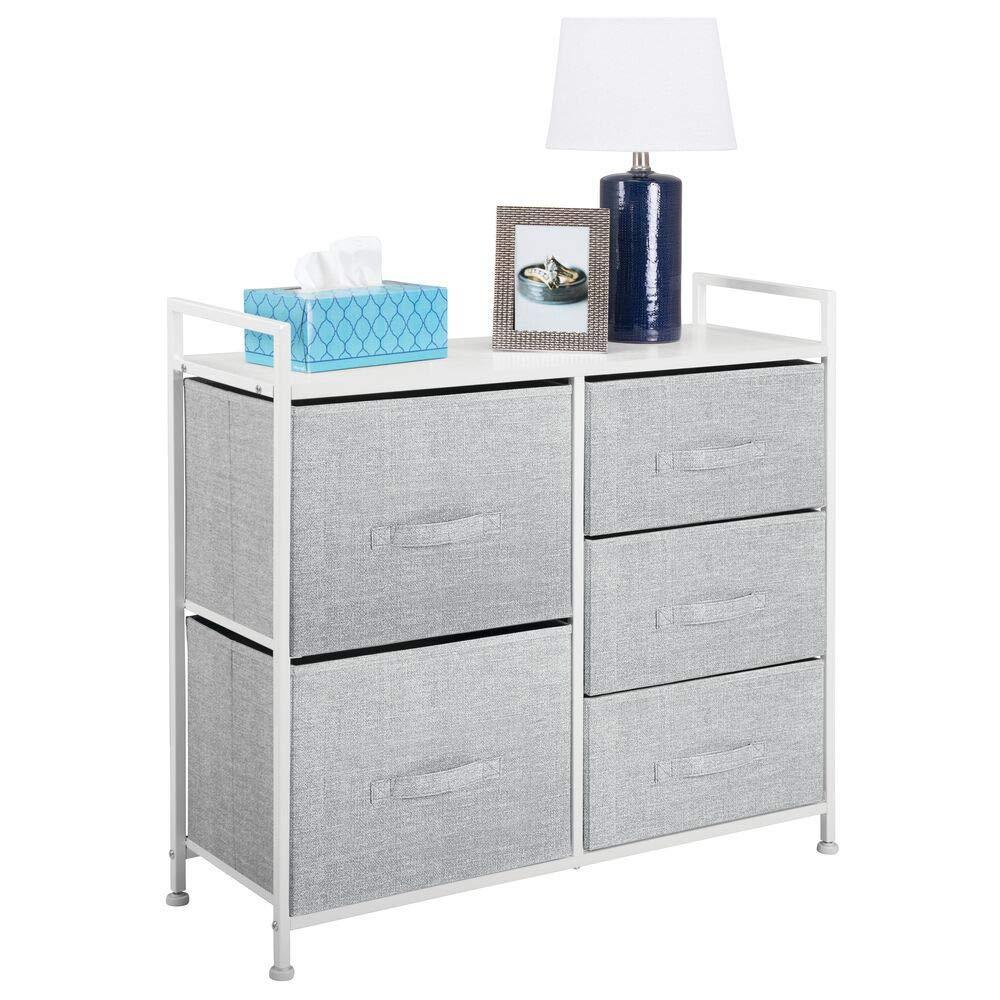 Best mdesign wide dresser storage tower sturdy steel frame wood top easy pull fabric bins organizer unit for bedroom hallway entryway closets textured print 5 drawers gray white