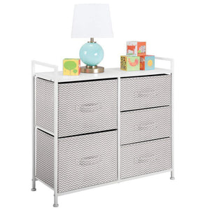 The best mdesign wide dresser storage tower sturdy steel frame wood top easy pull fabric bins organizer unit for bedroom hallway entryway closets chevron print 5 drawers taupe white