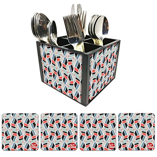 Nutcase Designer Flatware Cutlery Stand Holder Silverware Caddy-Spoons Forks Knives Organizer With Matching Metal Coasters - Pastel Patterns