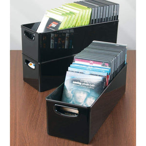Budget mdesign plastic stackable household storage organizer container bin with handles for media consoles closets cabinets holds dvds video games gaming accessories head sets 8 pack black