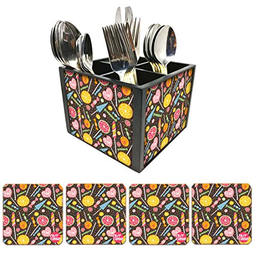 Nutcase Designer Flatware Cutlery Stand Holder Silverware Caddy-Spoons Forks Knives Organizer With Matching Metal Coasters - lemon And Candy