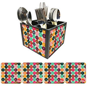 Nutcase Designer Flatware Cutlery Stand Holder Silverware Caddy-Spoons Forks Knives Organizer With Matching Metal Coasters - Colorful Circle