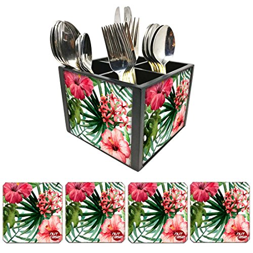 Nutcase Designer Flatware Cutlery Stand Holder Silverware Caddy-Spoons Forks Knives Organizer With Matching Metal Coasters - Flower Everywhere