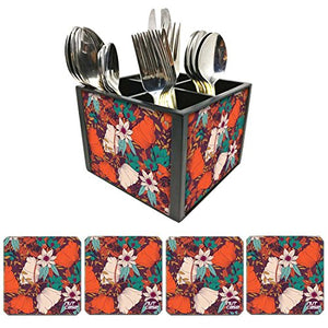 Nutcase Designer Flatware Cutlery Stand Holder Silverware Caddy-Spoons Forks Knives Organizer With Matching Metal Coasters - Winder Leaves