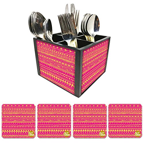 Nutcase Designer Flatware Cutlery Stand Holder Silverware Caddy-Spoons Forks Knives Organizer With Matching Metal Coasters - Aztec Pattern Pink