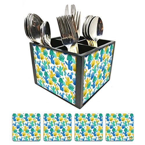 Nutcase Designer Flatware Cutlery Stand Holder Silverware Caddy-Spoons Forks Knives Organizer With Matching Metal Coasters - Cactus Print Green Blue