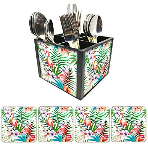 Nutcase Designer Flatware Cutlery Stand Holder Silverware Caddy-Spoons Forks Knives Organizer With Matching Metal Coasters - Flamingoes With Leaves