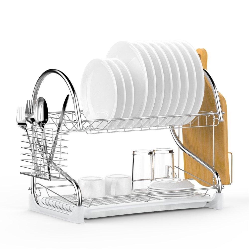 Kitchen dish drying rack ace teah upgrade 2 tier plated chrome dish dryer rack with utensil holder cutting board holder and kitchen dish drainer for kitchen counter top 17x9 7x14 6inch silver