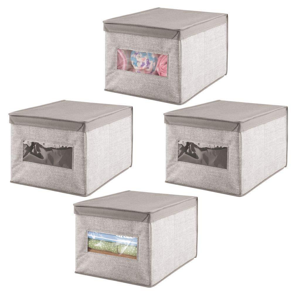 Products mdesign decorative soft stackable fabric closet storage organizer holder box clear window lid for child kids room nursery large collapsible foldable textured print 4 pack linen tan