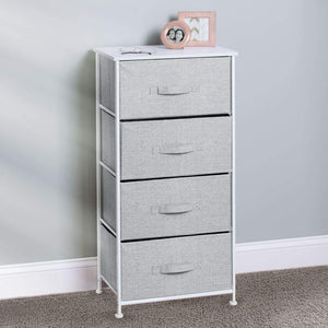 Budget mdesign vertical furniture storage tower sturdy steel frame wood top easy pull fabric bins organizer unit for bedroom hallway entryway closets textured print 4 drawers gray white