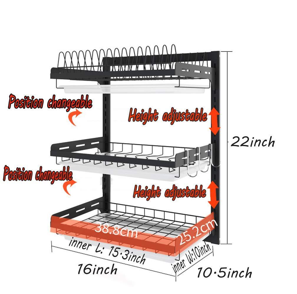 Budget friendly ctystallove 3 tier black stainless steel dish drying rack fruit vegetable storage basket with drainboard and hanging chopsticks cage knife holder wall mounted kitchen supplies shelf utensils organizer