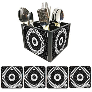 Nutcase Designer Flatware Cutlery Stand Holder Silverware Caddy-Spoons Forks Knives Organizer With Matching Metal Coasters - Black And White