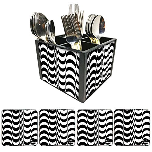 Nutcase Designer Flatware Cutlery Stand Holder Silverware Caddy-Spoons Forks Knives Organizer With Matching Metal Coasters - Waves
