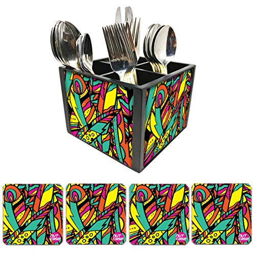 Nutcase Designer Flatware Cutlery Stand Holder Silverware Caddy-Spoons Forks Knives Organizer With Matching Metal Coasters - Wild Feathers