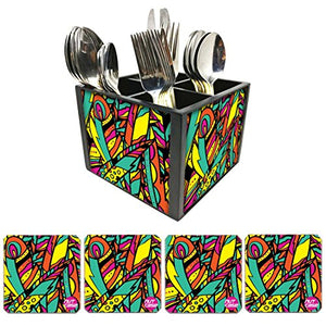 Nutcase Designer Flatware Cutlery Stand Holder Silverware Caddy-Spoons Forks Knives Organizer With Matching Metal Coasters - Wild Feathers