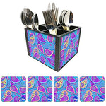 Nutcase Designer Flatware Cutlery Stand Holder Silverware Caddy-Spoons Forks Knives Organizer With Matching Metal Coasters - Paisley