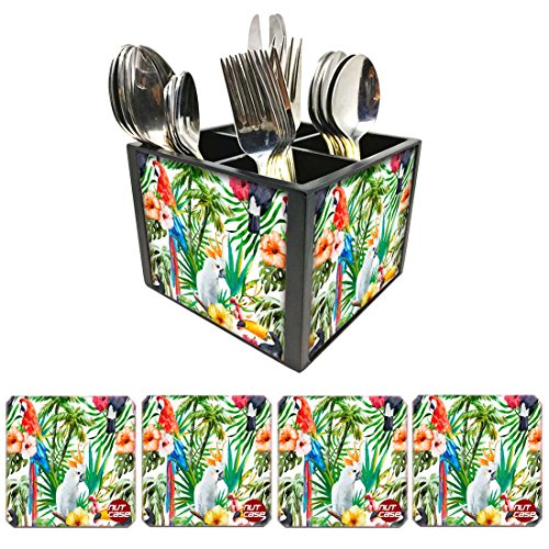 Nutcase Designer Flatware Cutlery Stand Holder Silverware Caddy-Spoons Forks Knives Organizer With Matching Metal Coasters - Parrot With Leaves