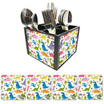 Nutcase Designer Flatware Cutlery Stand Holder Silverware Caddy-Spoons Forks Knives Organizer With Matching Metal Coasters - Cute Dinosaur