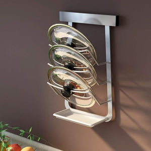 Latest pot lid rack with draining board stainless steel wall mounted self adhesive pan cover storage holder for kitchen utensil tool organizer