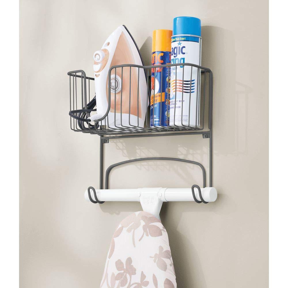 mDesign Metal Wall Mount Ironing Board Holder with Large Storage Basket - Holds Iron, Board, Spray Bottles, Starch, Fabric Refresher for Laundry Rooms - Graphite Gray