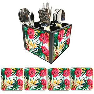 Nutcase Designer Flatware Cutlery Stand Holder Silverware Caddy-Spoons Forks Knives Organizer With Matching Metal Coasters - Hibiscus Leaves