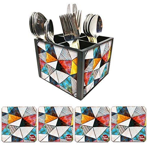 Nutcase Designer Flatware Cutlery Stand Holder Silverware Caddy-Spoons Forks Knives Organizer With Matching Metal Coasters - Colorful Triangles